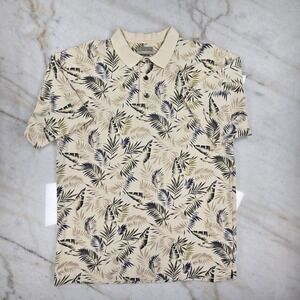 Cutter & Buck Polo Shirt Mens Large Beige Tropical Palm Leaf Golf Coastal Casual